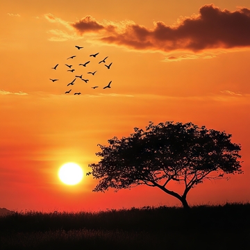 夕阳下的孤树与飞鸟