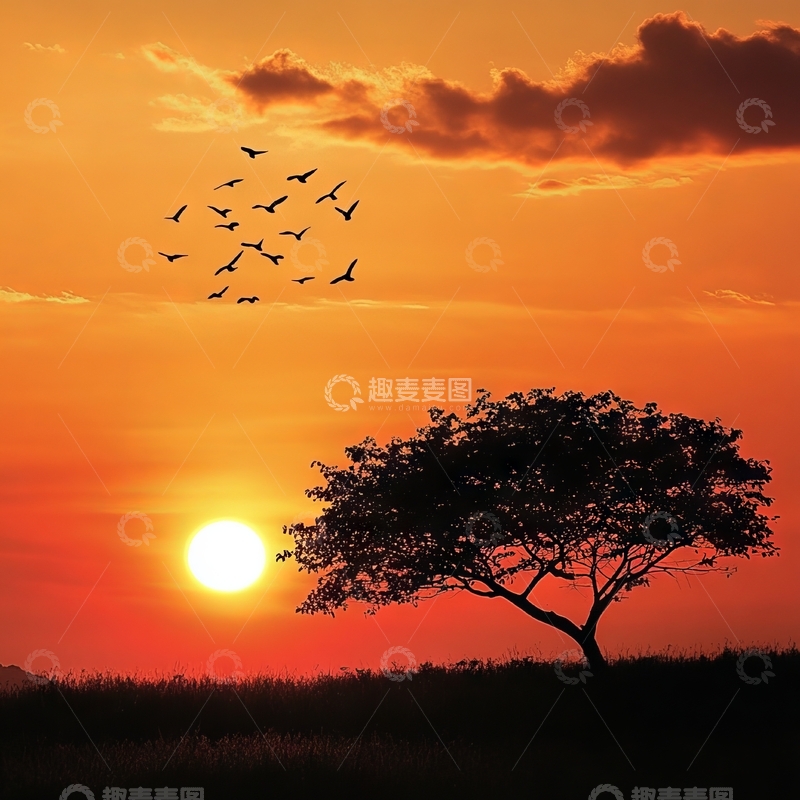 高清大图下载【趣麦麦图】夕阳下的孤树与飞鸟