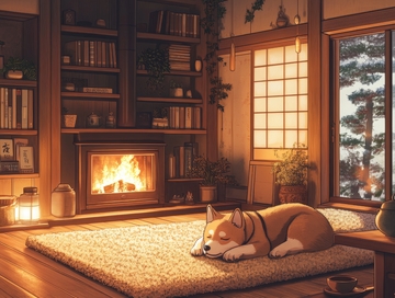 温馨室内，柴犬静卧炉火旁