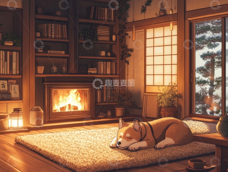 高清大图下载【趣麦麦图】温馨室内，柴犬静卧炉火旁