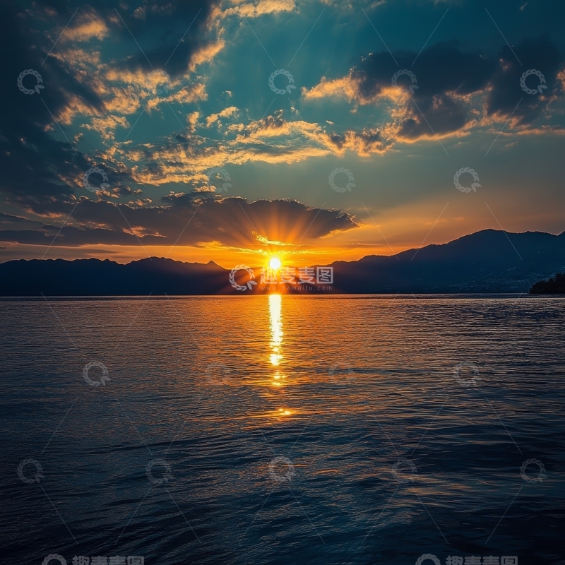 高清大图下载【趣麦麦图】湖面夕阳，光芒四射