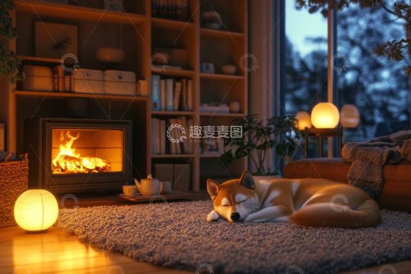 高清大图下载【趣麦麦图】温馨室内，狗狗炉边小憩