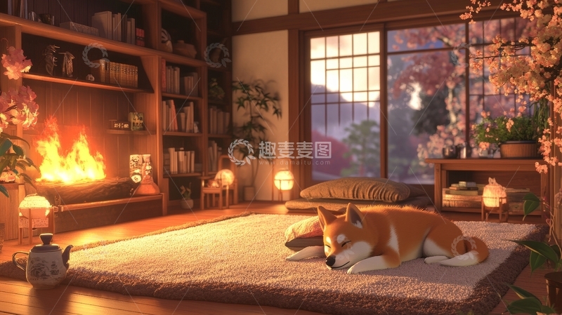 高清大图下载【趣麦麦图】温馨室内，狐狸静卧炉火旁