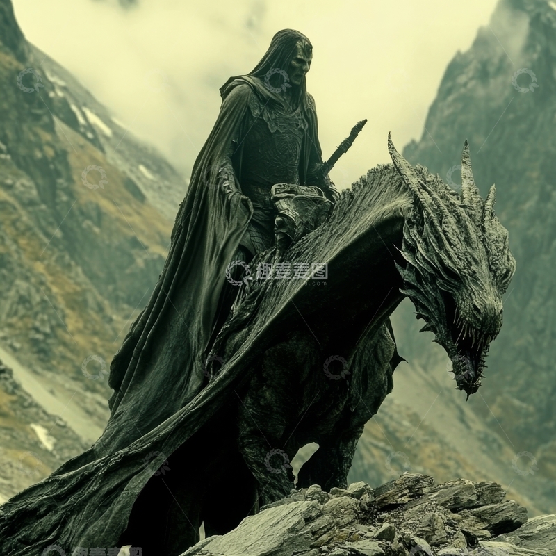 高清大图下载【趣麦麦图】黑袍骑士骑乘巨龙，屹立山巅