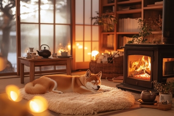 温馨室内，柴犬静卧炉火旁