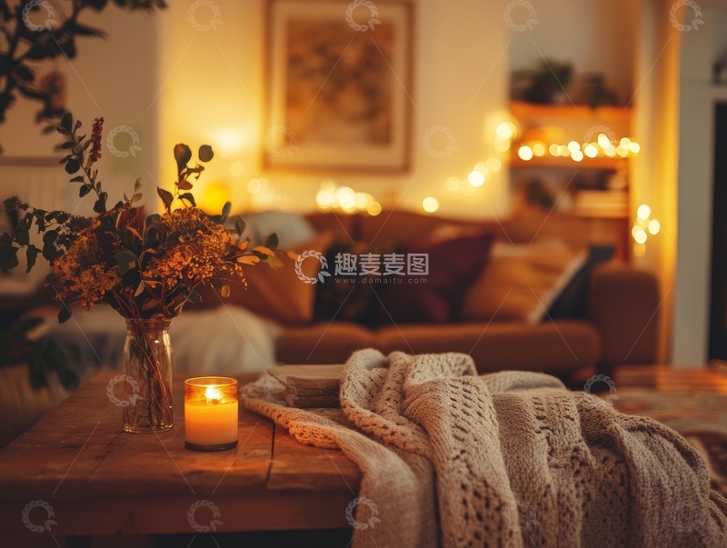高清大图下载【趣麦麦图】-温馨客厅的烛光与针织毯
