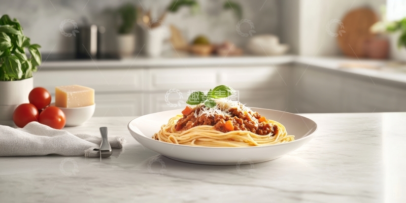 高清大图下载【趣麦麦图】意大利面配番茄酱和罗勒叶