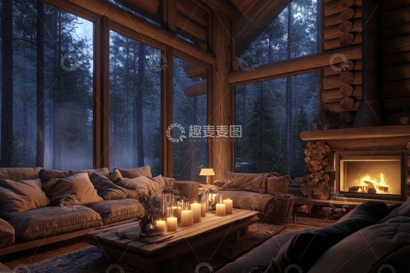 高清大图下载【趣麦麦图】温馨木屋客厅，窗外森林夜景
