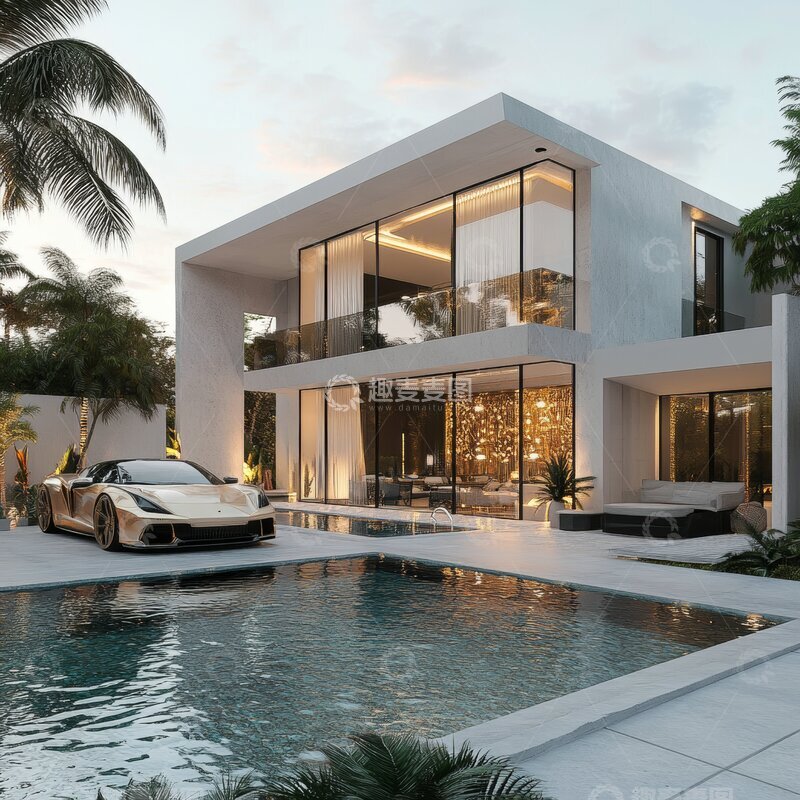 高清大图下载【趣麦麦图】现代豪宅夜景，泳池与豪车相伴