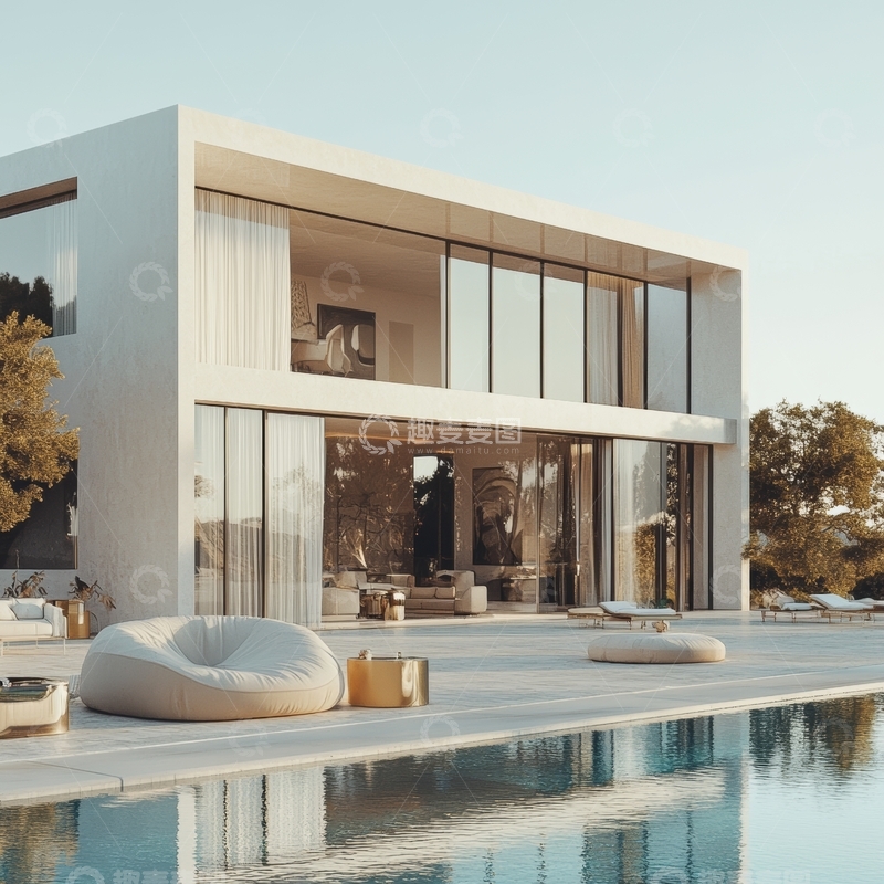 高清大图下载【趣麦麦图】现代豪宅泳池边的休闲场景