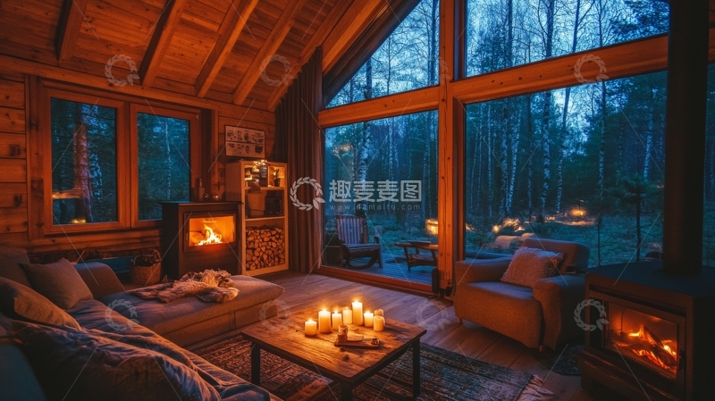 高清大图下载【趣麦麦图】-温馨木屋客厅，窗外森林夜景