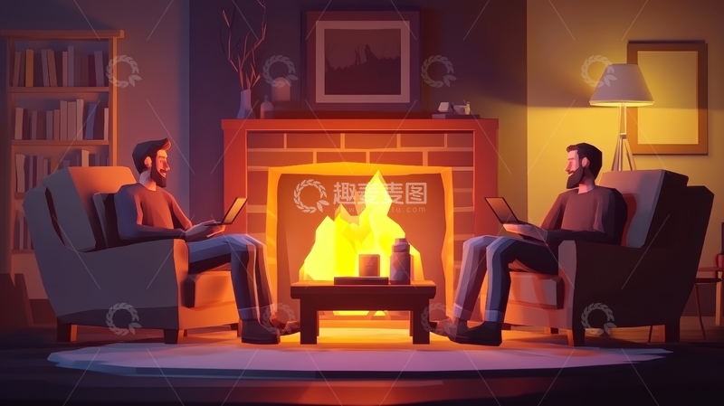高清大图下载【趣麦麦图】两人在温暖的壁炉旁阅读