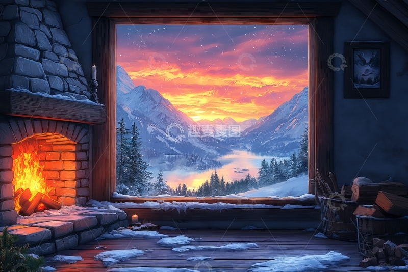 高清大图下载【趣麦麦图】冬日山景与温暖壁炉