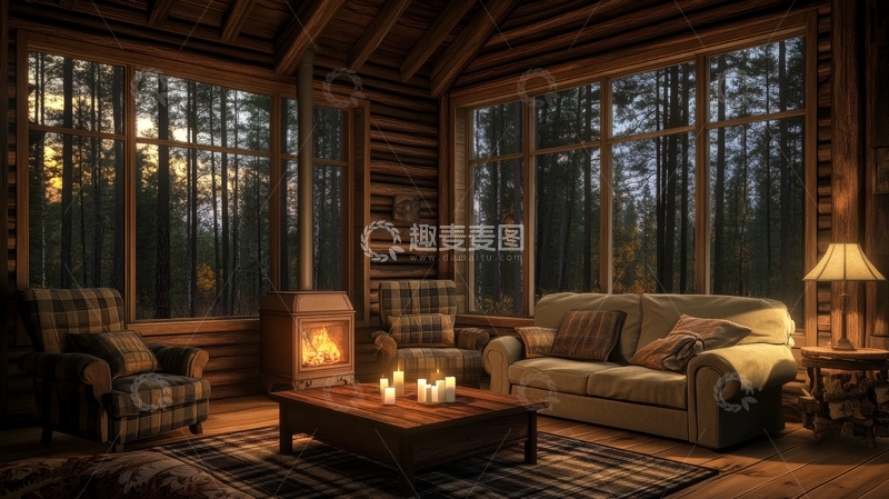 高清大图下载【趣麦麦图】温馨木屋客厅，窗外森林景色