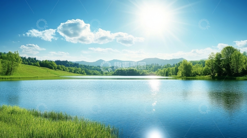 高清大图下载【趣麦麦图】宁静湖畔，阳光明媚的自然风光
