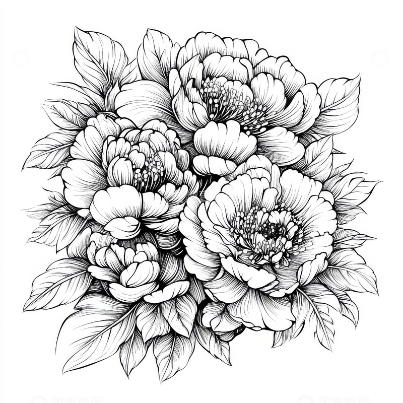 高清大图下载【趣麦麦图】黑白线条牡丹花束插画