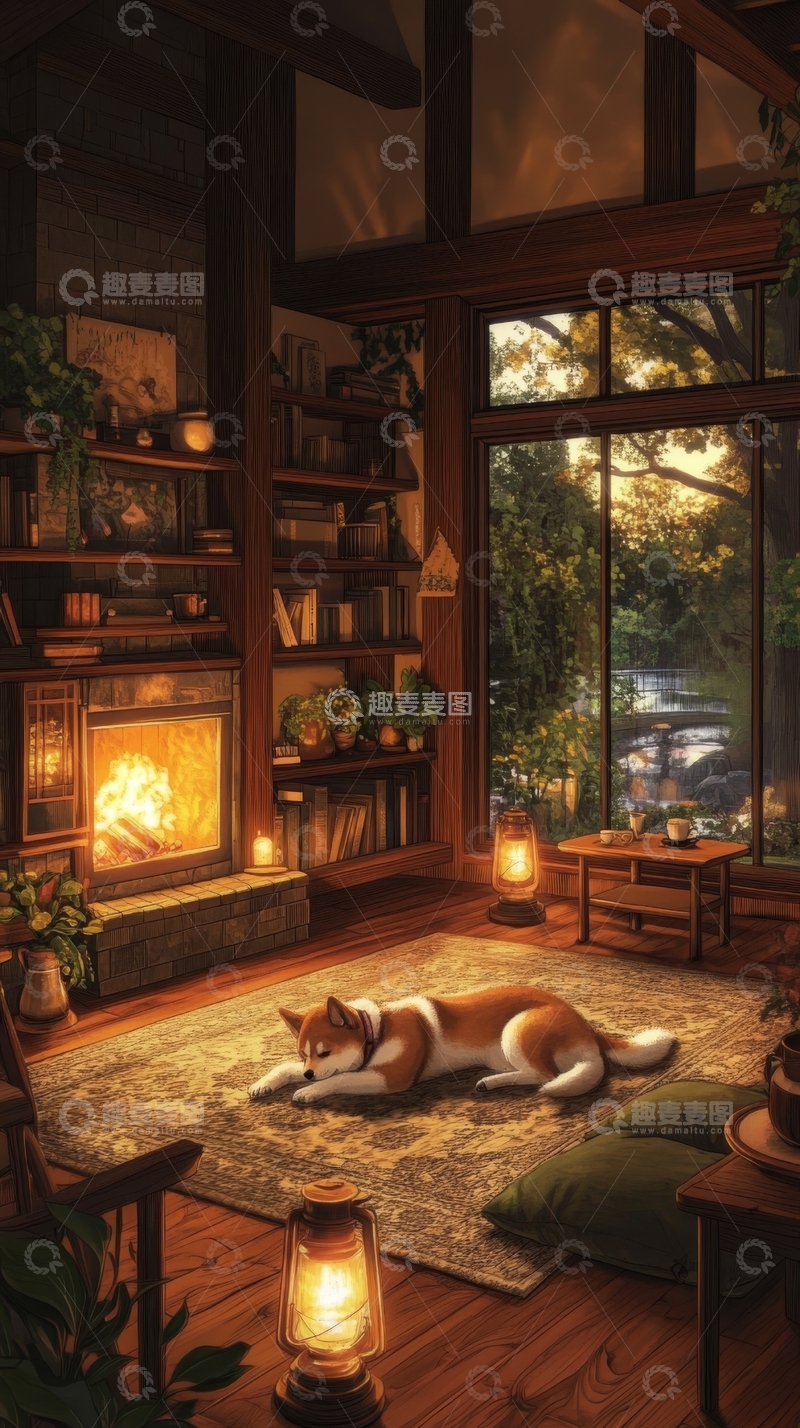 高清大图下载【趣麦麦图】温馨客厅，猫咪炉火旁休憩