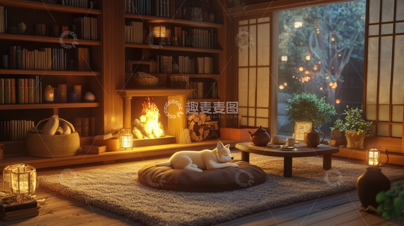 高清大图下载【趣麦麦图】温馨书房夜景，猫咪炉边小憩