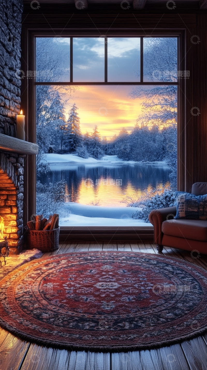 高清大图下载【趣麦麦图】冬日湖景，室内温暖