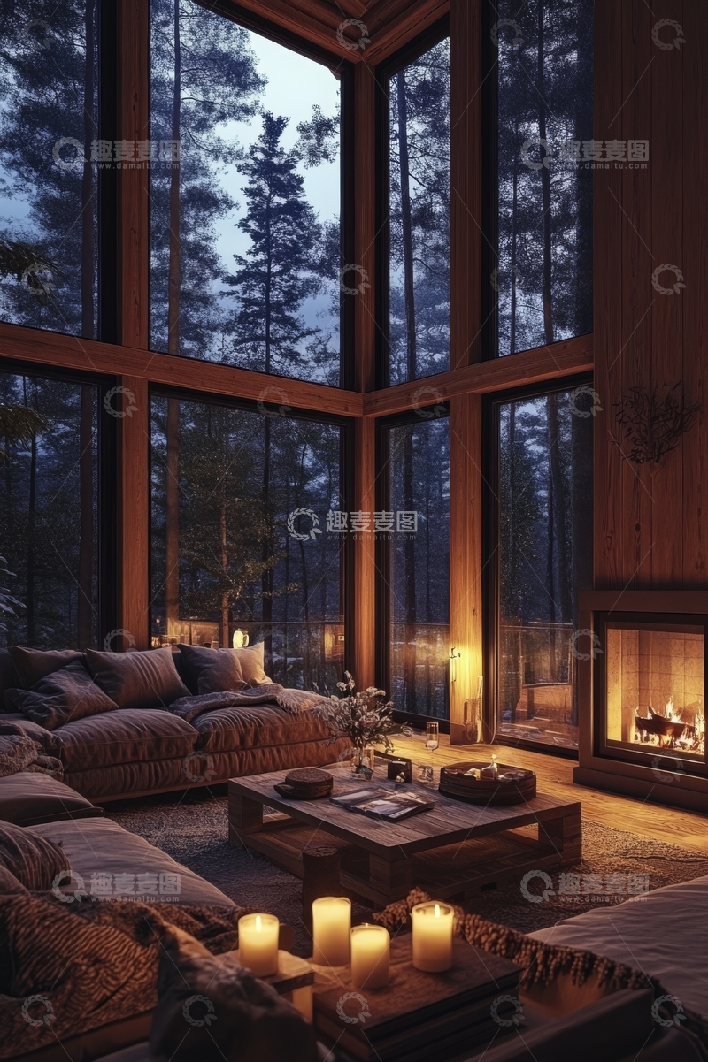 高清大图下载【趣麦麦图】温馨客厅，窗外森林夜景