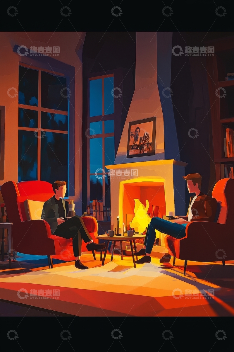 高清大图下载【趣麦麦图】温馨客厅，两人对坐炉火旁