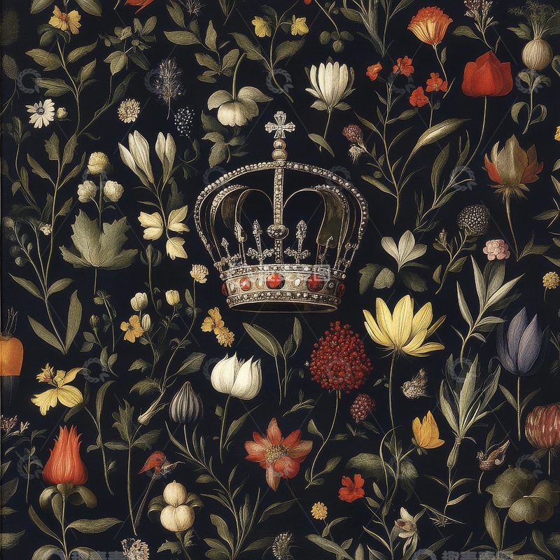 高清大图下载【趣麦麦图】华丽皇冠与繁茂花卉的装饰图案