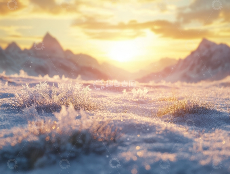 高清大图下载【趣麦麦图】雪山日出，霜冻草地