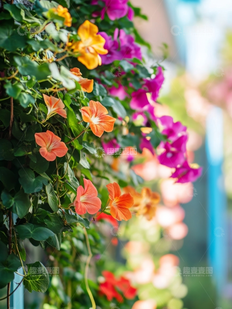 高清大图下载【趣麦麦图】墙边盛开的多彩花卉