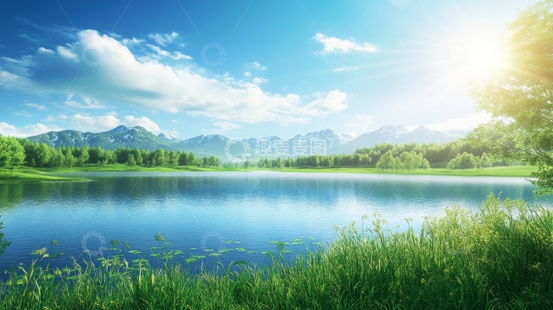 高清大图下载【趣麦麦图】宁静湖畔，远山映蓝天