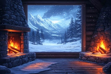 冬夜暖炉与雪山景色