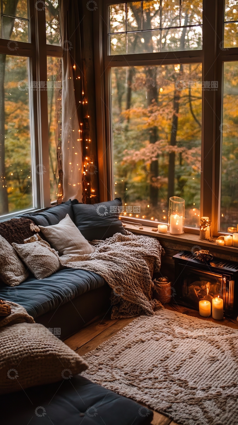 高清大图下载【趣麦麦图】窗边温馨角落，烛光与秋景相映