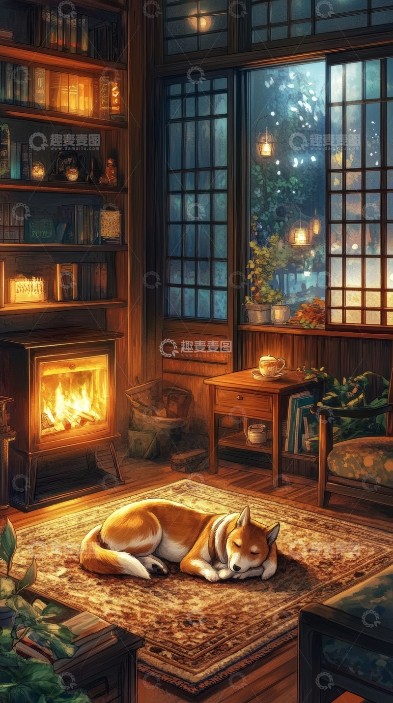 高清大图下载【趣麦麦图】温馨书房内的狐狸静眠