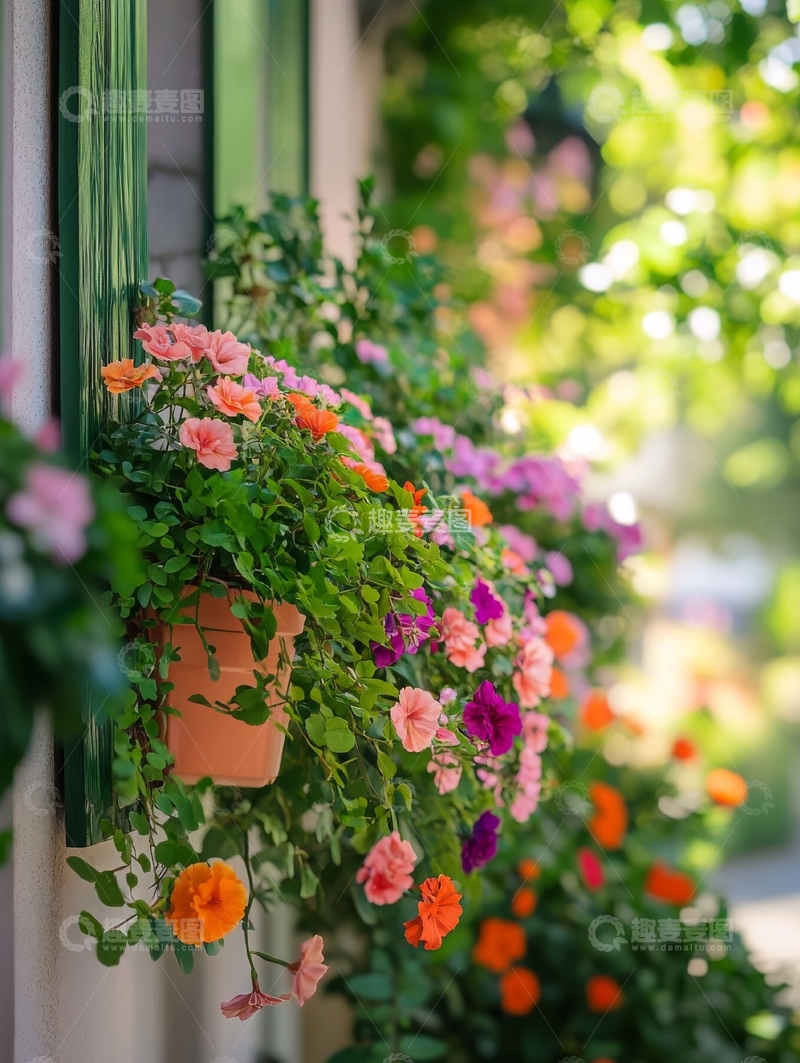 高清大图下载【趣麦麦图】窗台上的多彩花卉装饰