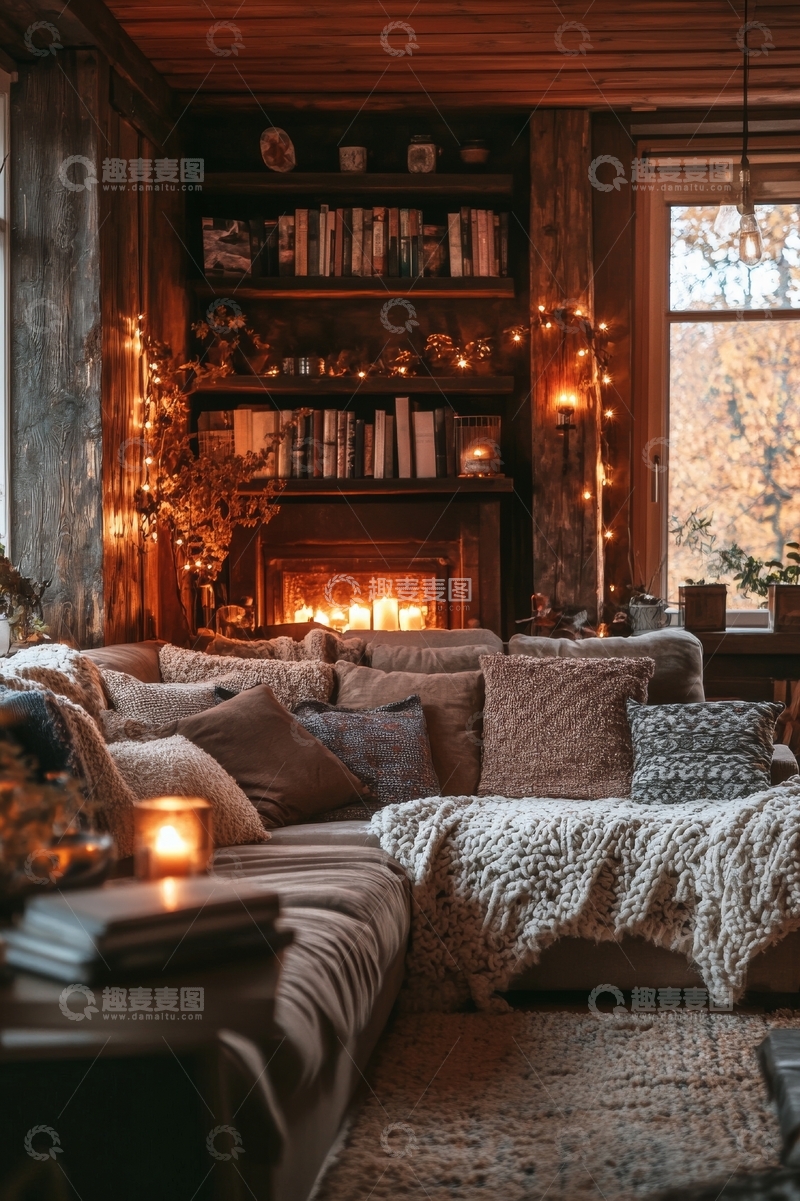 高清大图下载【趣麦麦图】温馨客厅，壁炉旁的舒适阅读角落