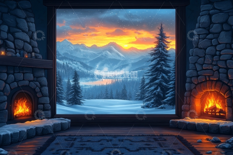 高清大图下载【趣麦麦图】-冬日山景与温暖壁炉