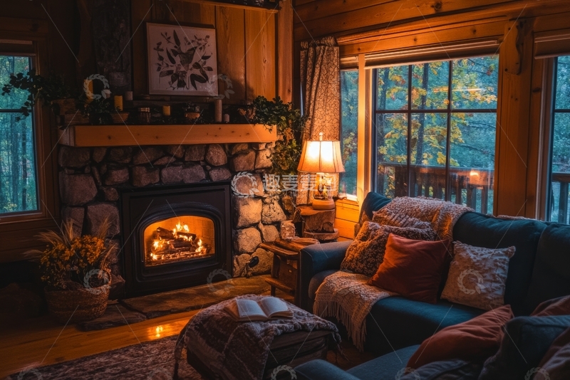 高清大图下载【趣麦麦图】温馨木屋客厅，壁炉旁的舒适角落