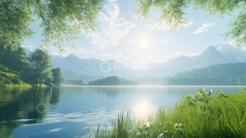 高清大图下载【趣麦麦图】湖畔山景，晨光初照