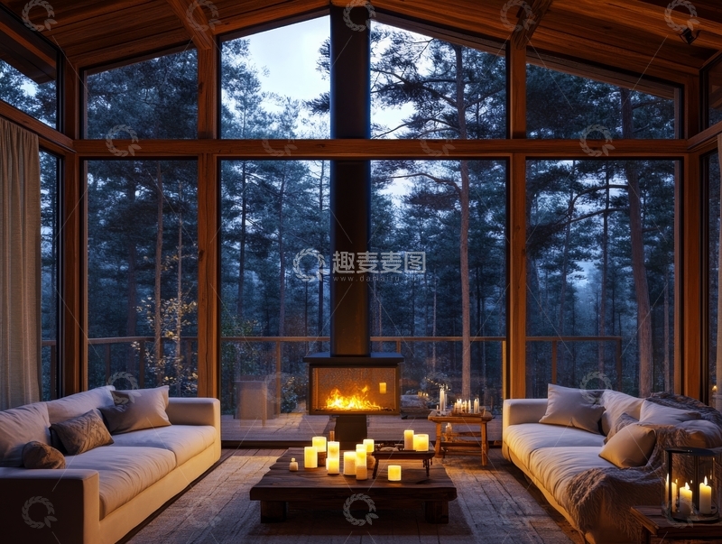 高清大图下载【趣麦麦图】温馨客厅与森林夜景