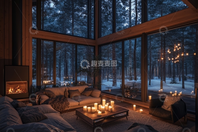 高清大图下载【趣麦麦图】温馨室内夜景，窗外雪林静谧