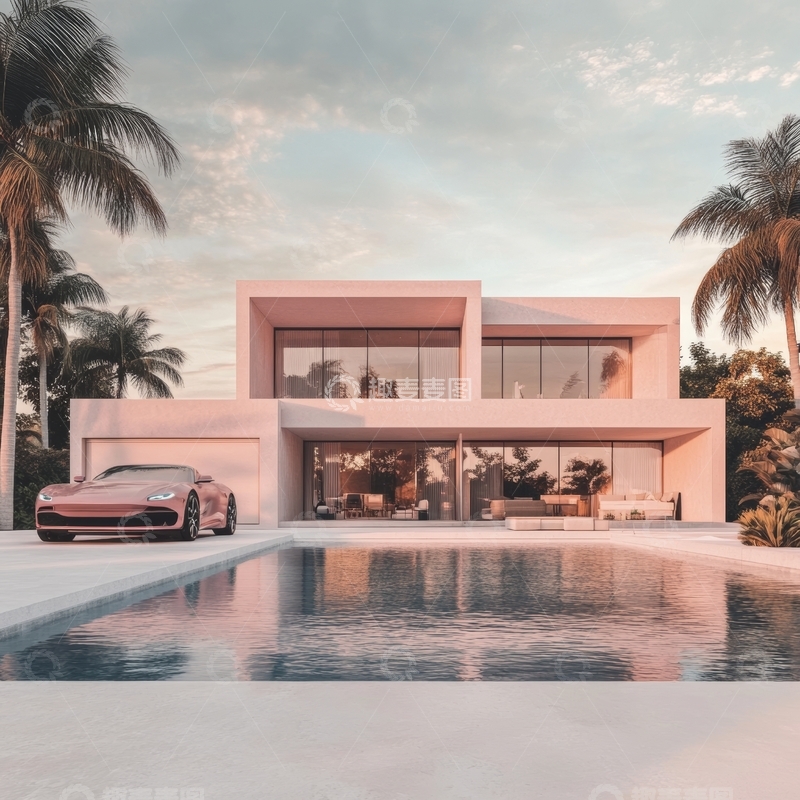 高清大图下载【趣麦麦图】现代豪宅与泳池旁的跑车