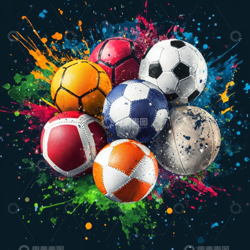 高清大图下载【趣麦麦图】多彩运动球与颜料飞溅