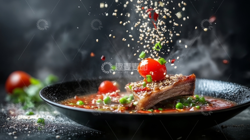 高清大图下载【趣麦麦图】美味排骨配蔬菜，食材飞溅瞬间