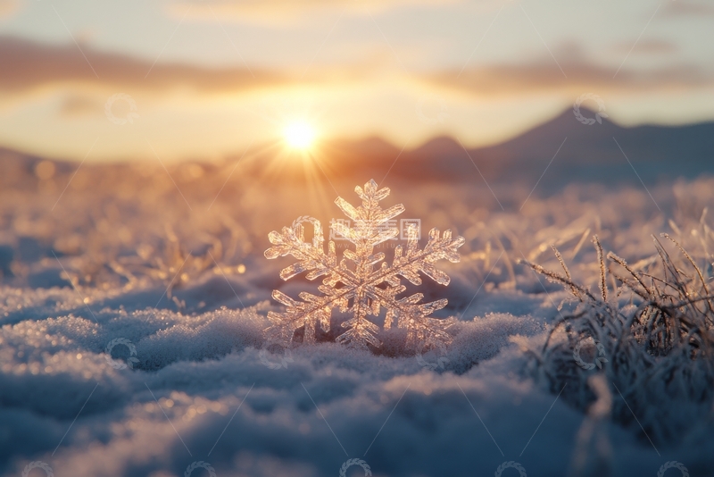高清大图下载【趣麦麦图】雪地上的晶莹雪花与日出