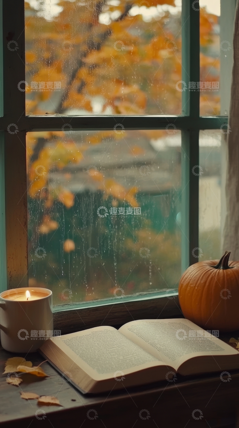 高清大图下载【趣麦麦图】窗边阅读：秋日雨景与南瓜