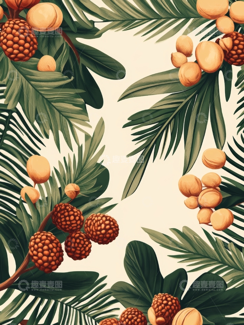 高清大图下载【趣麦麦图】热带果实与绿叶装饰图案