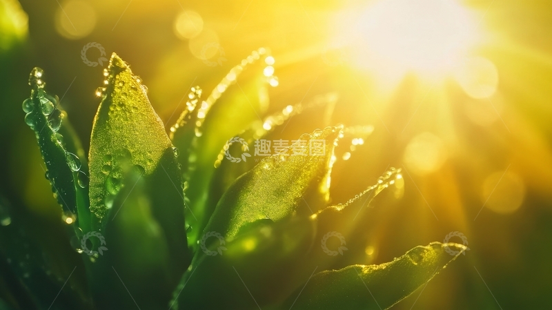 高清大图下载【趣麦麦图】晨光中的露珠与绿叶
