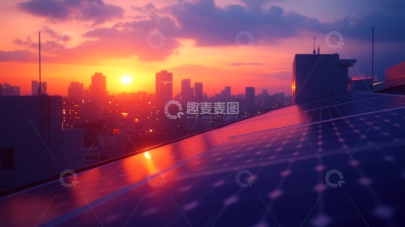 高清大图下载【趣麦麦图】城市日落时的太阳能板