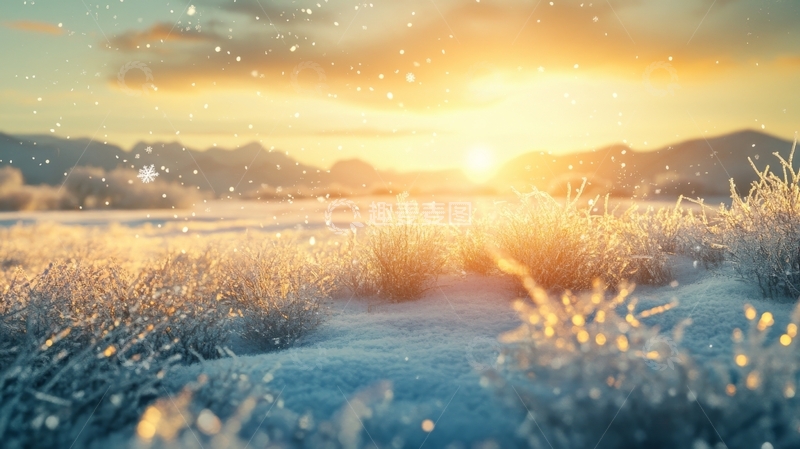 高清大图下载【趣麦麦图】冬日晨曦，雪地草尖闪烁光芒