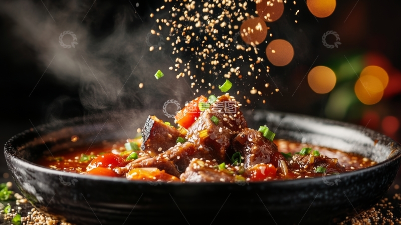 高清大图下载【趣麦麦图】热气腾腾的牛肉炖菜撒上芝麻