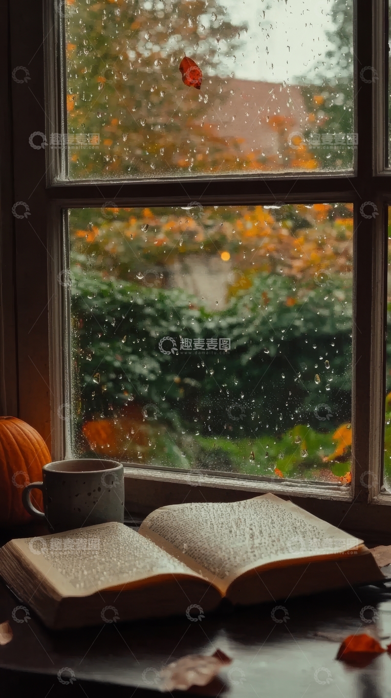 高清大图下载【趣麦麦图】雨中窗前的书与咖啡